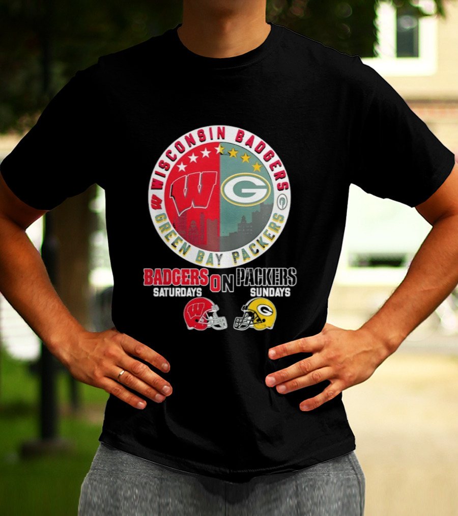 Wisconsin Badgers Green Bay Packers Saturdays Sundays Helmet Mashup T-Shirt