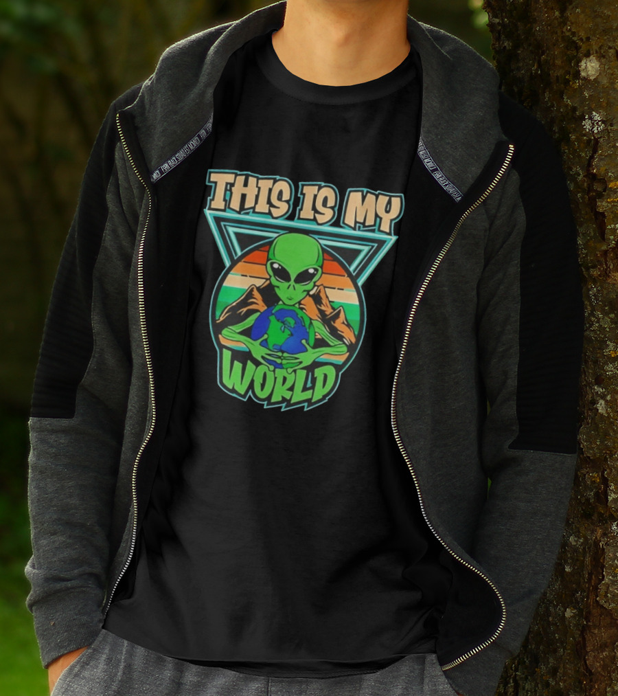 This Is My World Alien Holding Earth Retro Desert Scene T-Shirt