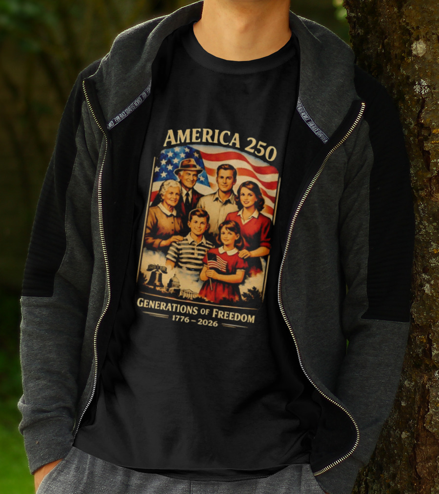 America 250 Generations Of Freedom 1776 2026 Vintage Family With Flag T-Shirt