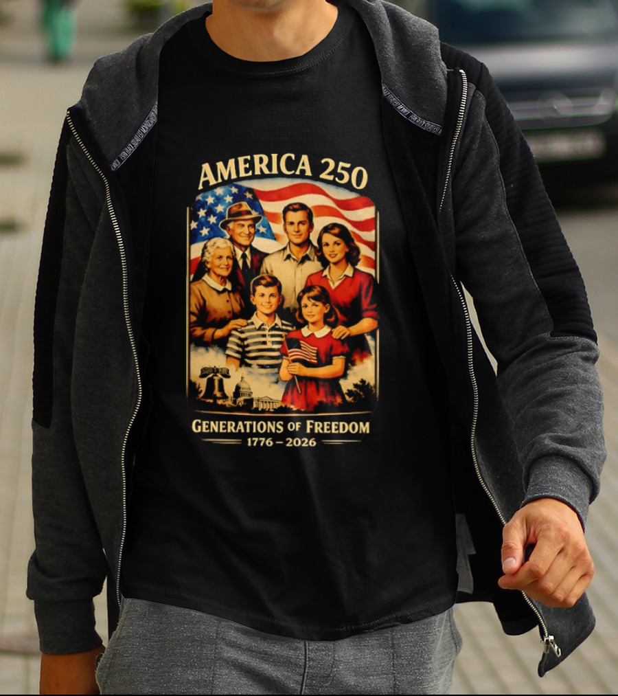 America 250 Generations Of Freedom 1776 2026 Vintage Family With Flag T-Shirt