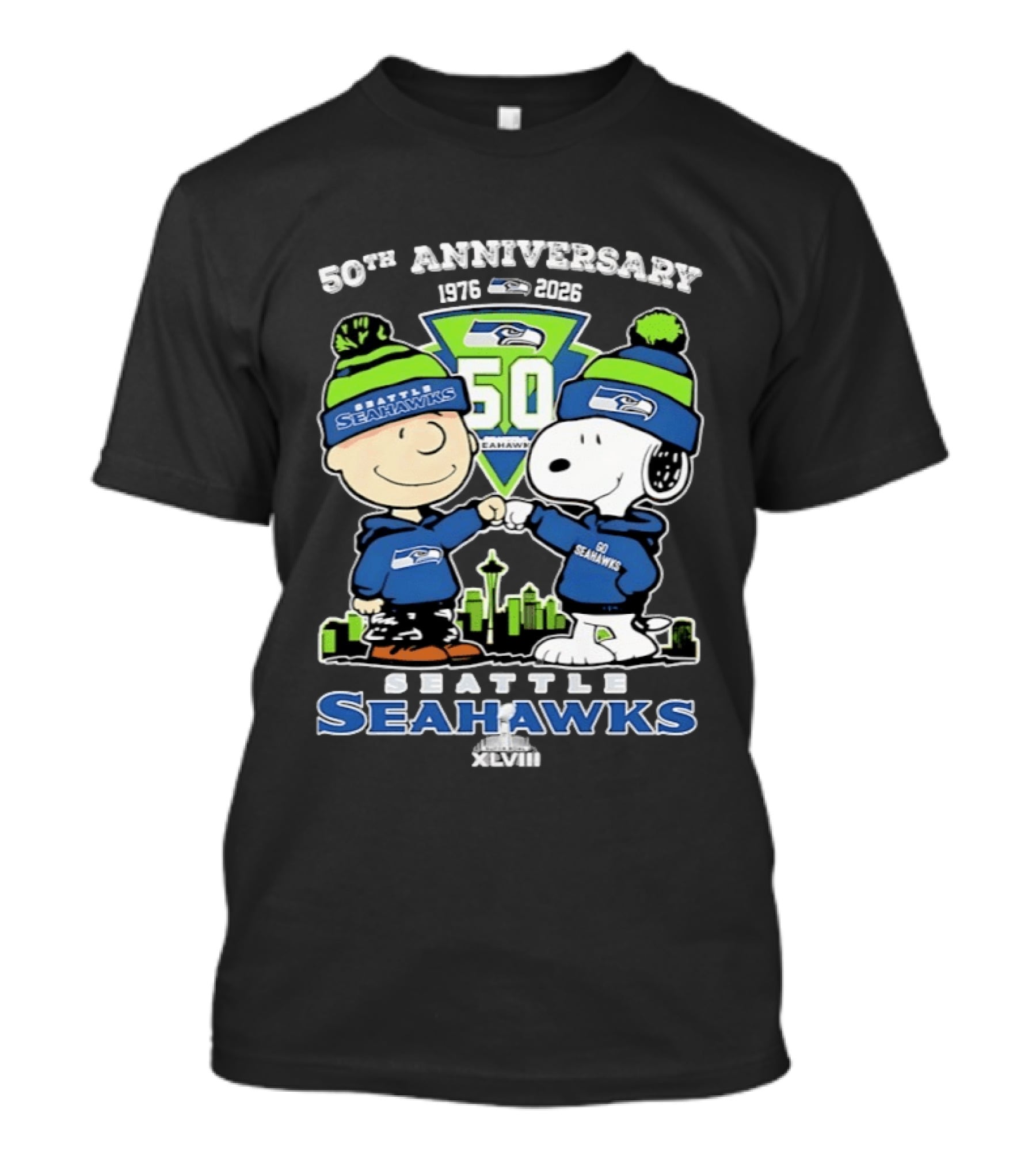 Charlie Brown Snoopy Fist Bump Seattle Seahawks 50th Anniversary Skyline 1976 2026 T-Shirt