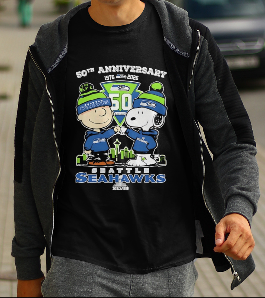 Charlie Brown Snoopy Fist Bump Seattle Seahawks 50th Anniversary Skyline 1976 2026 T-Shirt