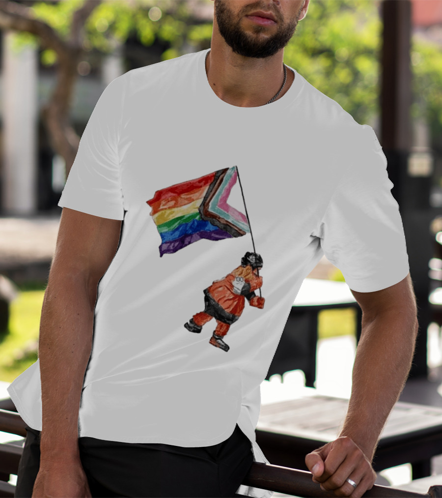 Philadelphia Hockey Mascot Holding Progress Pride Flag T-Shirt