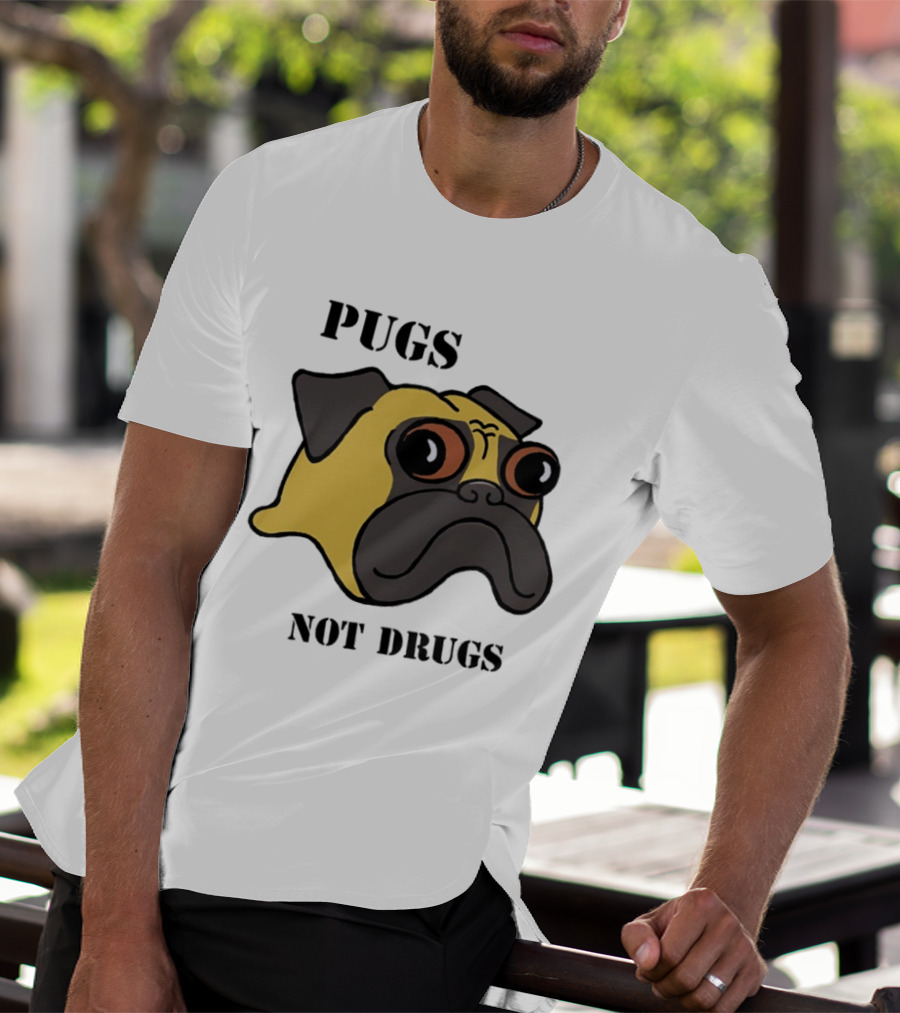 Pugs Not Drugs Cartoon Dog Face Funny Anti Drug Message T-Shirt