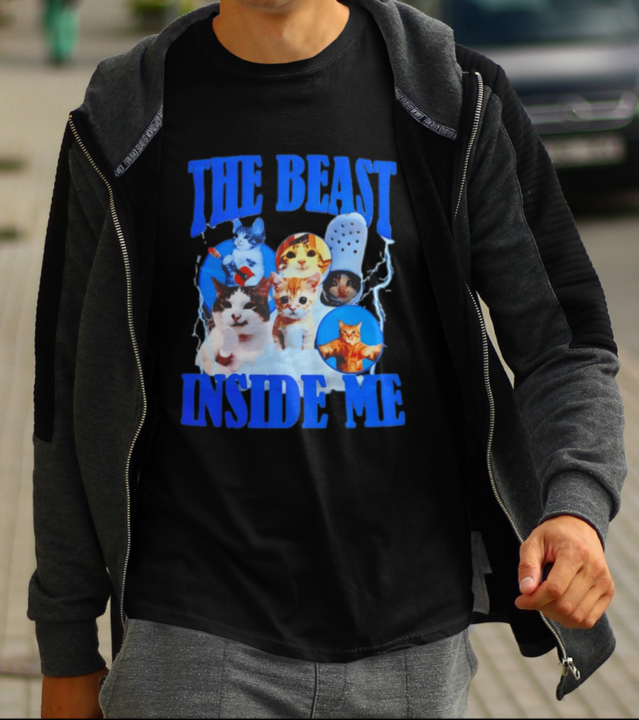 The Beast Inside Me Cat Collage With Blue Electric Accents T-Shirt