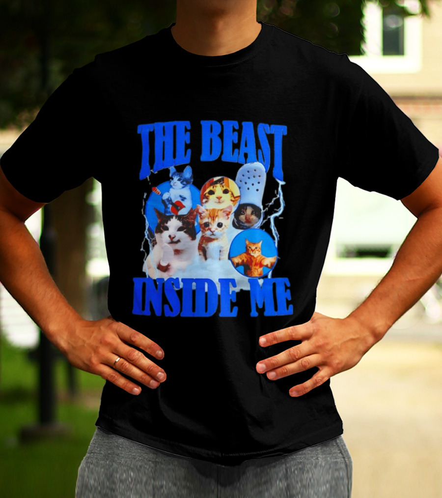 The Beast Inside Me Cat Collage With Blue Electric Accents T-Shirt