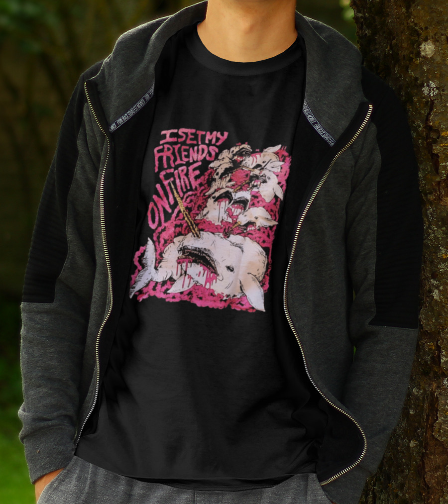 I Set My Friends On Fire Narwhal Pink And White T-Shirt
