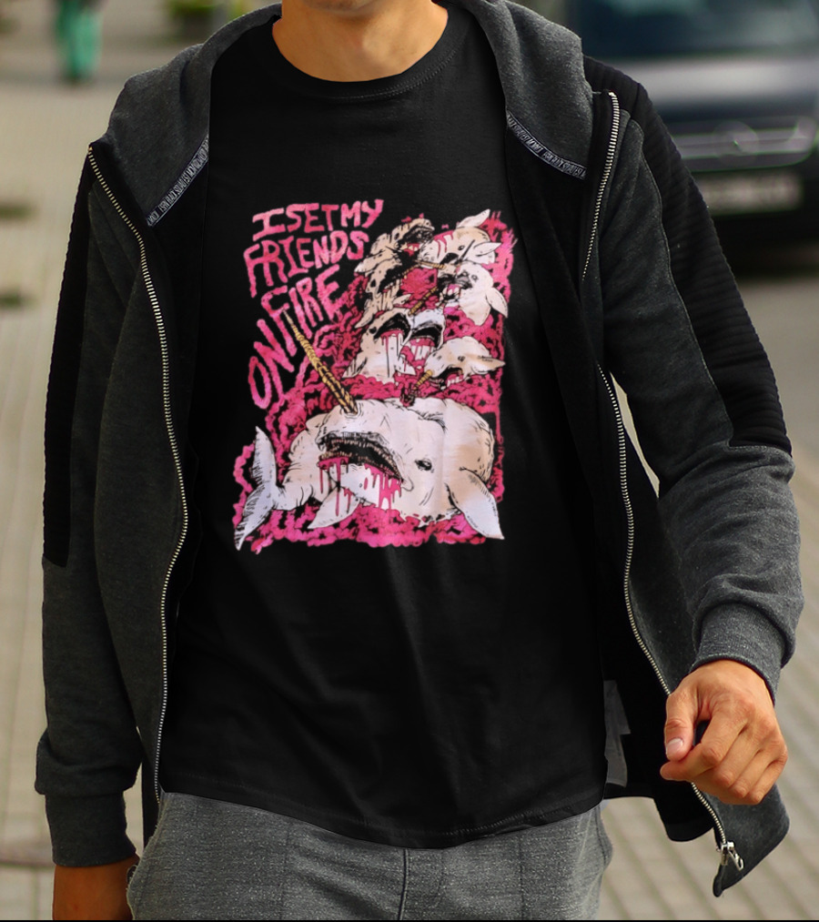 I Set My Friends On Fire Narwhal Pink And White T-Shirt