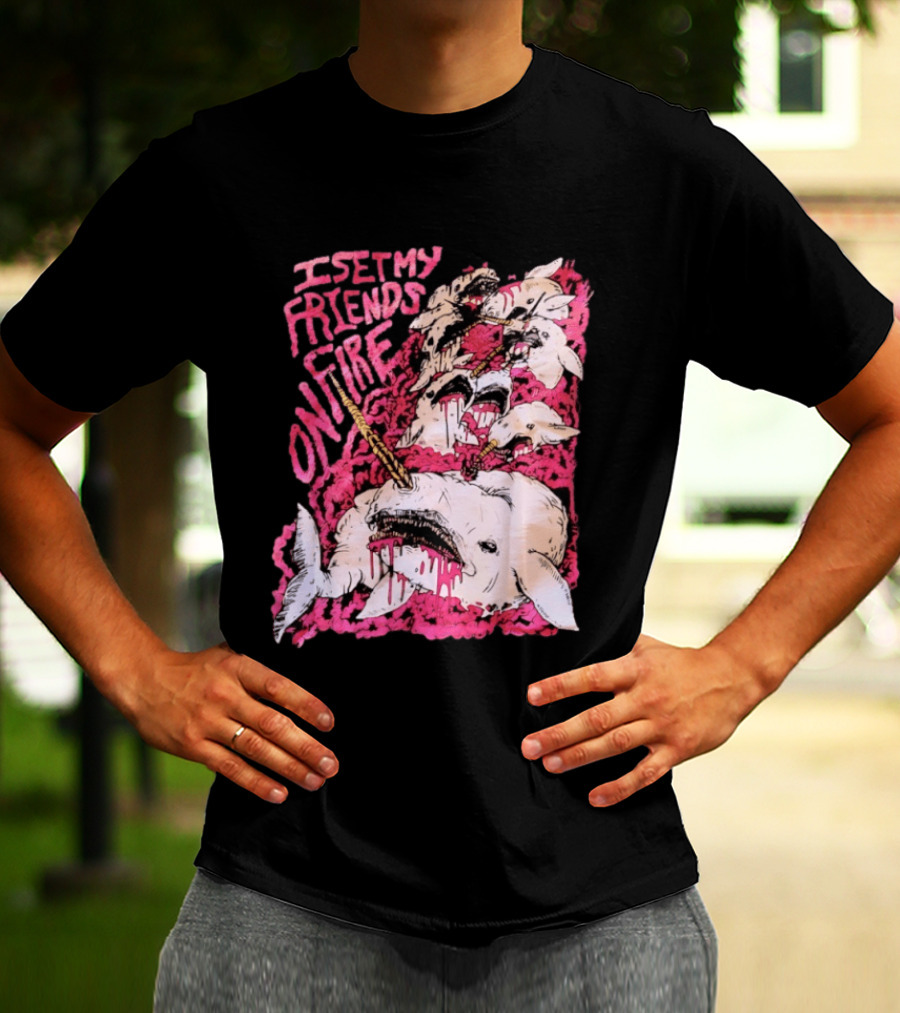 I Set My Friends On Fire Narwhal Pink And White T-Shirt
