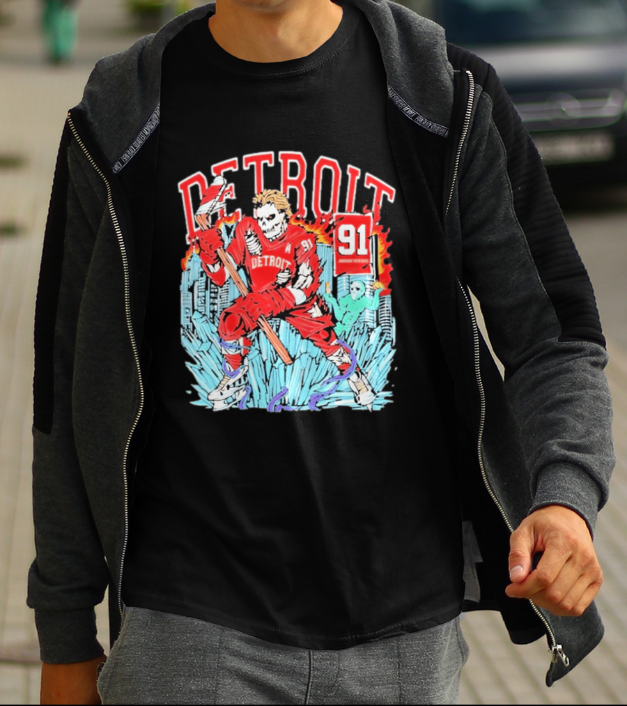 Detroit Hockey 91 Skeleton Player Red Jersey Cityscape Flame T-Shirt