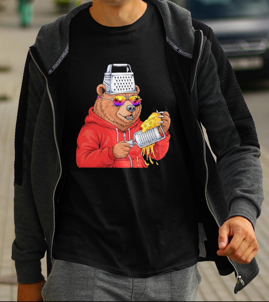 Bear With Cheese Grater Hat And Sunglasses With Bright Palm Tree Reflection T-Shirt