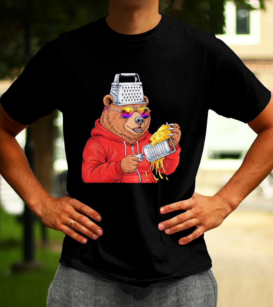 Bear With Cheese Grater Hat And Sunglasses With Bright Palm Tree Reflection T-Shirt