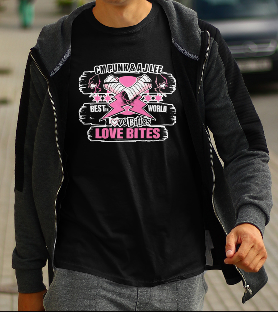 CM Punk AJ Lee Best In The World Love Bites Pink Heart Stars T-Shirt