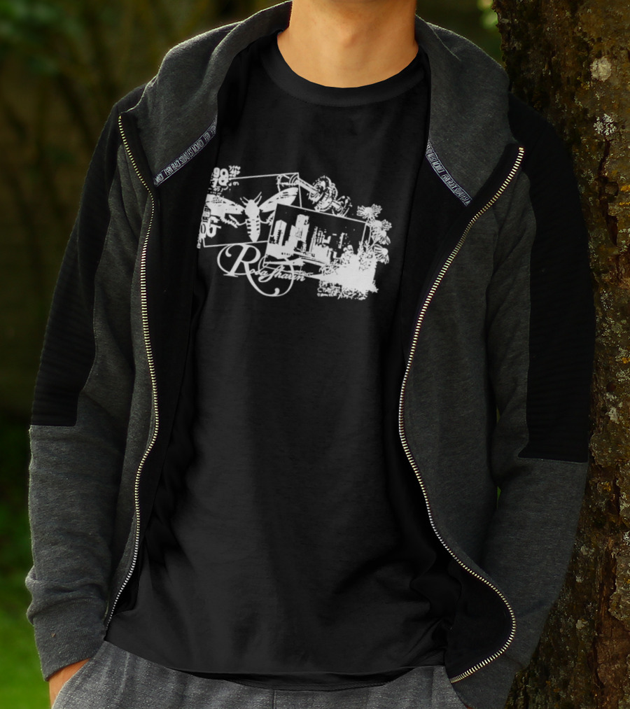 R Rosasharin Collage R Script Butterfly Cityscape White T-Shirt