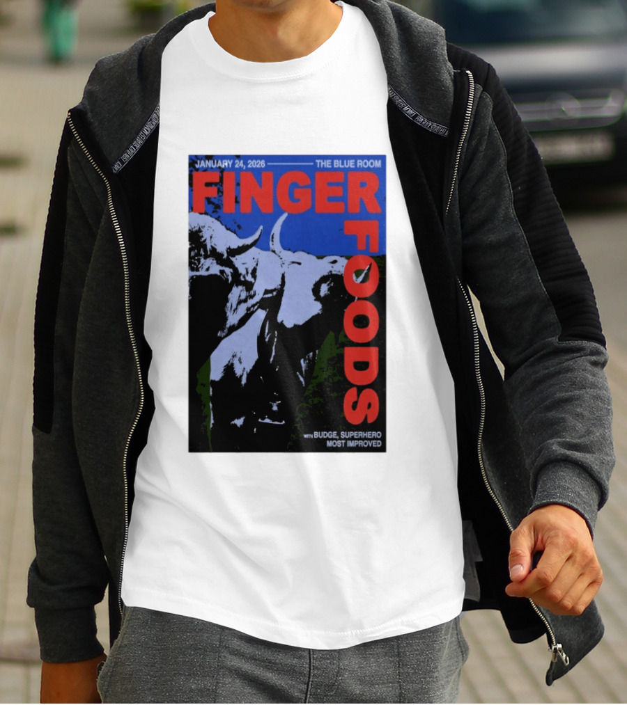 January 24 2026 Finger Foods The Blue Room Budge Superhero Most Improved T-Shirt
