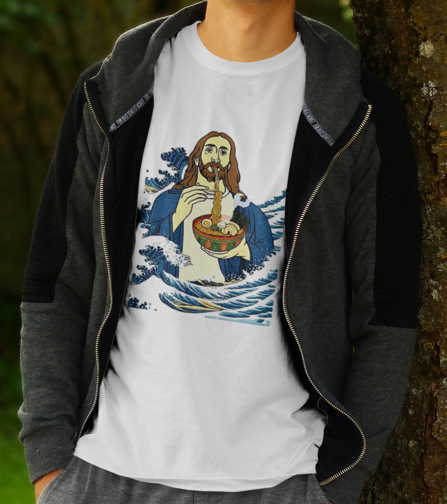 God Eats Ramen Jesus Wave Meme With Bowl Of Noodles T-Shirt