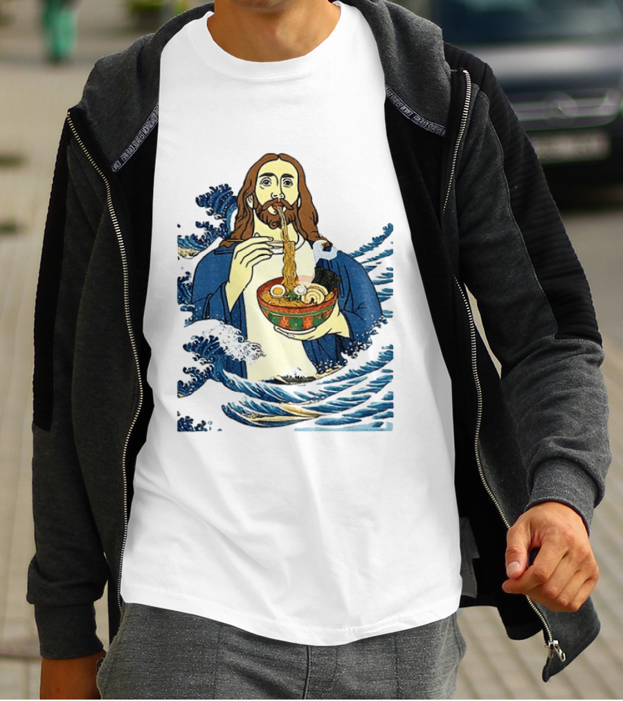 God Eats Ramen Jesus Wave Meme With Bowl Of Noodles T-Shirt