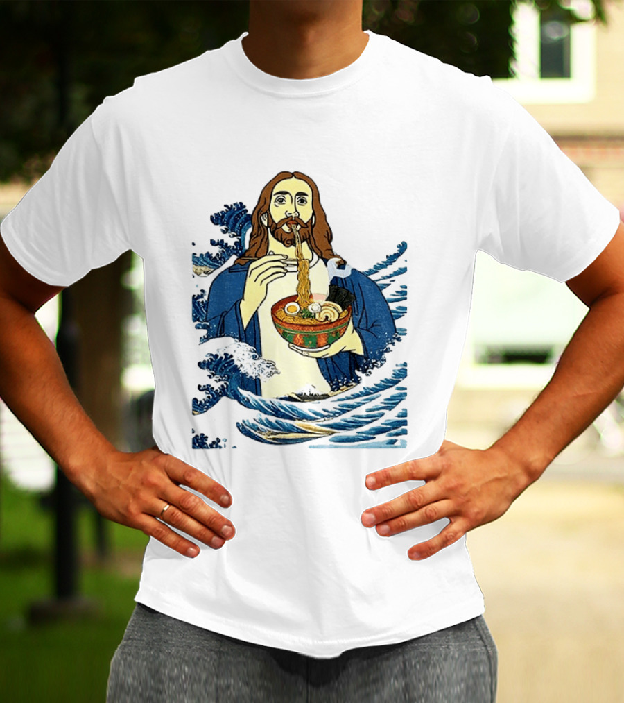 God Eats Ramen Jesus Wave Meme With Bowl Of Noodles T-Shirt
