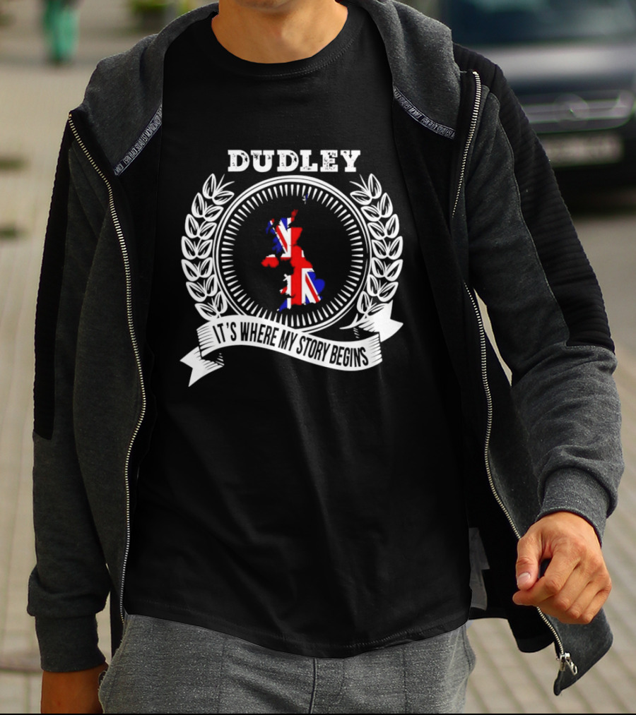 Dudley It's Where My Story Begins UK Map Union Jack Laurel T-Shirt