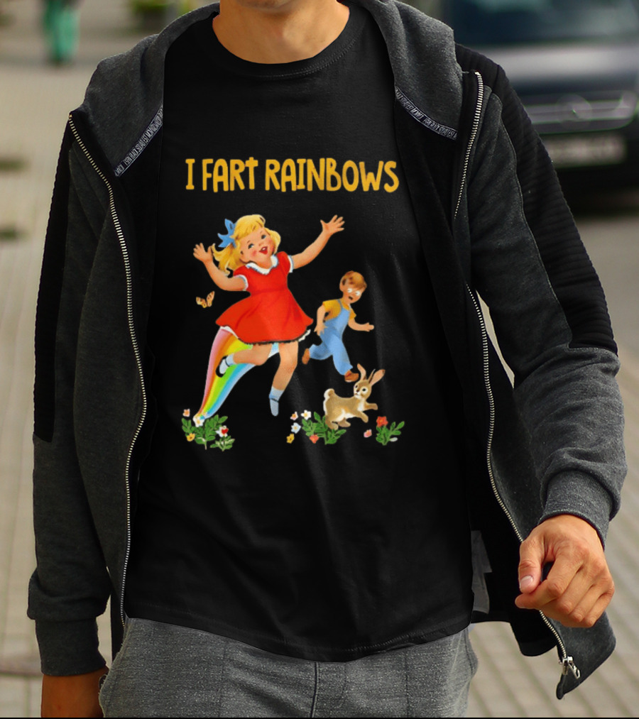 I Fart Rainbows Vintage Retro Kids Playing Butterflies Rabbits Flowers T-Shirt