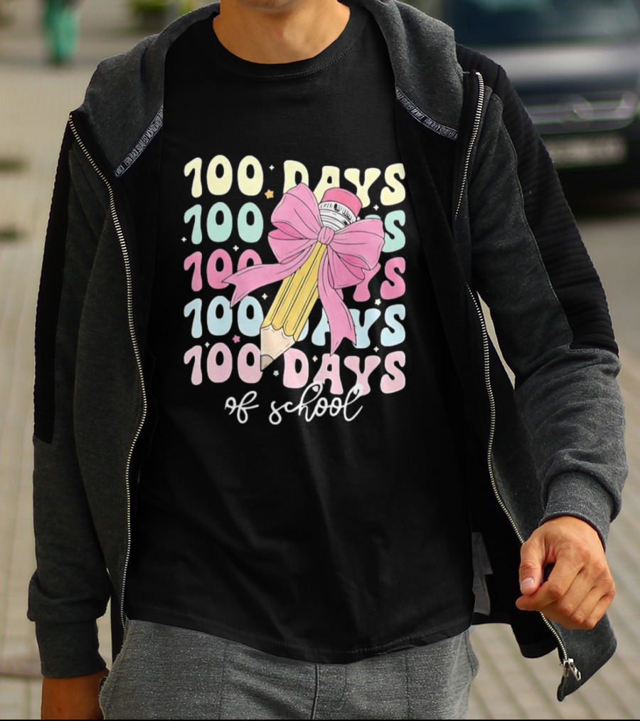 100 Days Of School Pink Bow Pencil Celebration T-Shirt