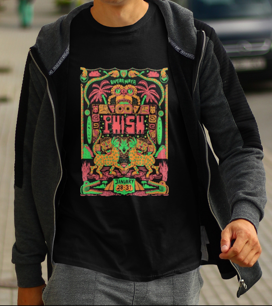 Phish Riviera Maya Cancun Mexico January 28 31 2026 Vibrant Neon Aztec Inspired Tropical T-Shirt