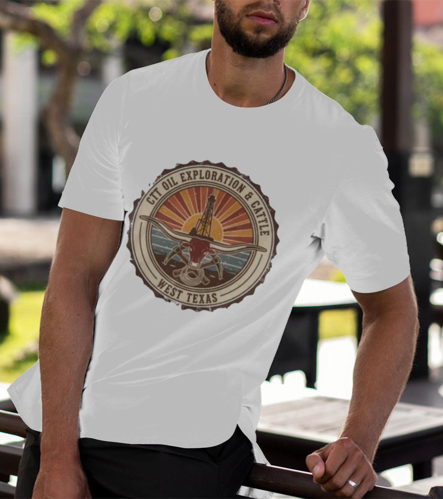 CTT Oil Exploration And Cattle West Texas Landman Sunset Oil Rig And Longhorn T-Shirt