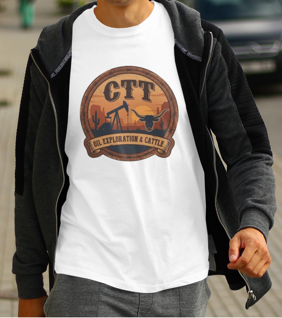 CTT Oil Exploration & Cattle West Texas Sunset Pumpjack And Longhorn Desert Scene T-Shirt