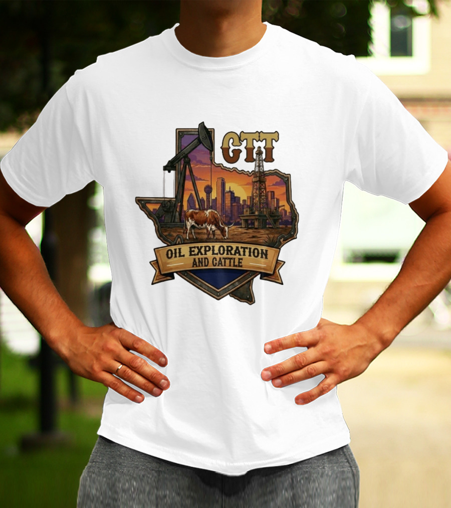 Texas CTT Oil Exploration Cattle Sunset Skyline T-Shirt