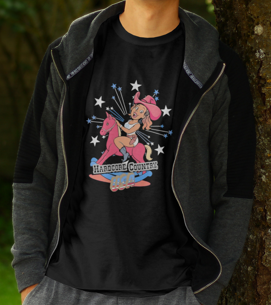 Hardcore Country USA Cowgirl Riding Pink Horse With Stars T-Shirt