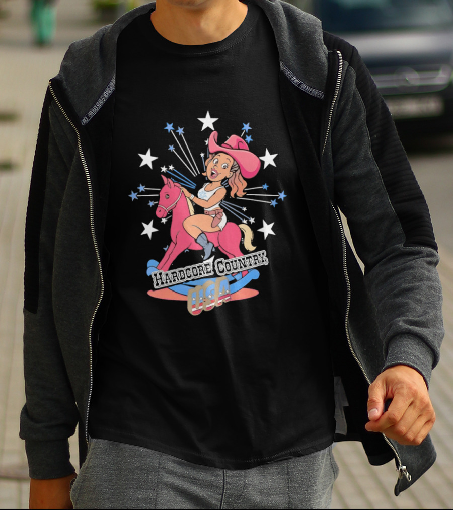 Hardcore Country USA Cowgirl Riding Pink Horse With Stars T-Shirt