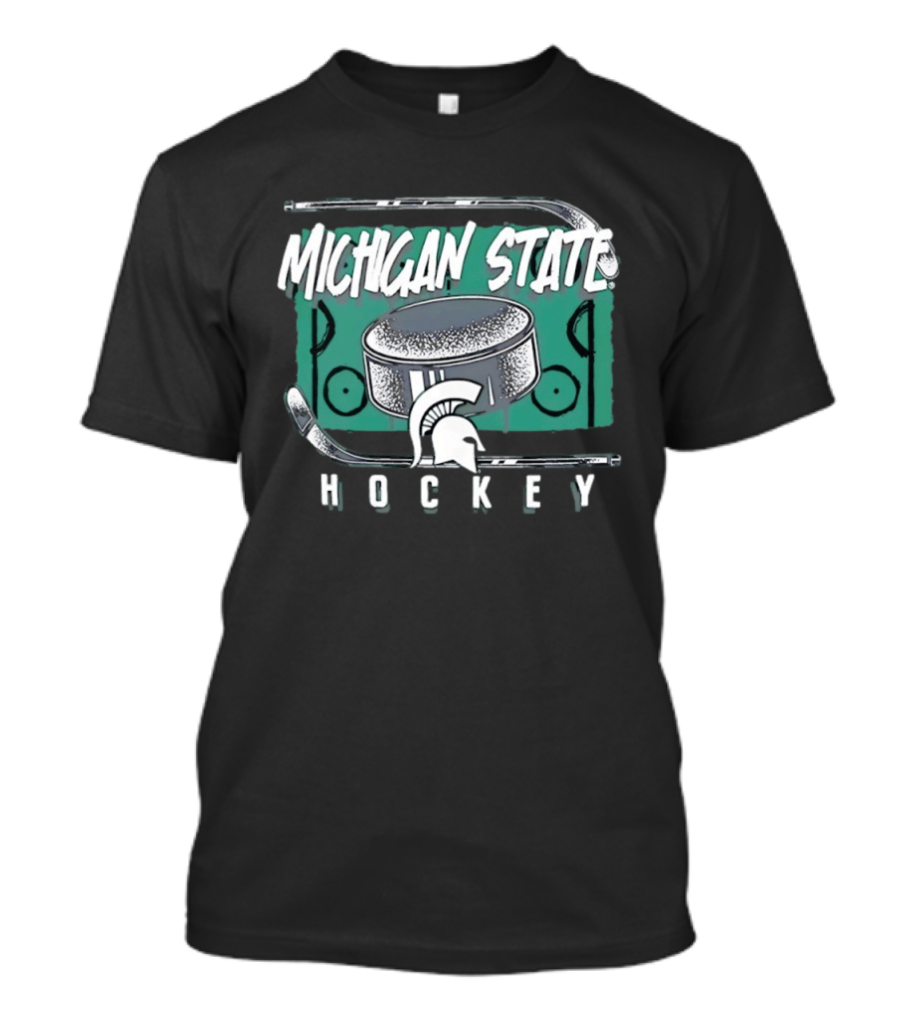 Michigan State Spartans Hockey Puck With Spartan Helmet And Sticks T-Shirt