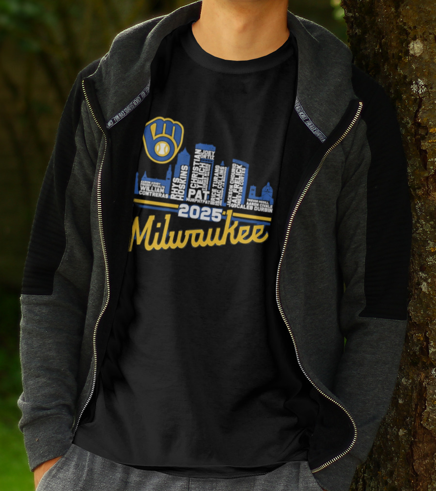 Milwaukee Brewers 2025 City Skyline Baseball Players Names T-Shirt