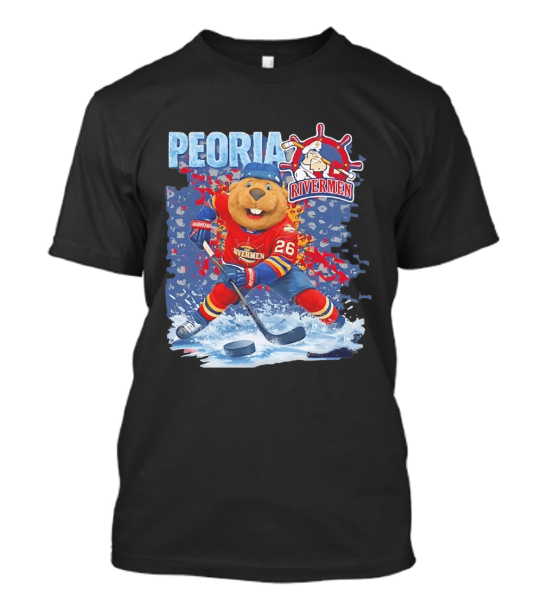 Rocky Peoria Rivermen Hockey Beaver Mascot Skating T-Shirt