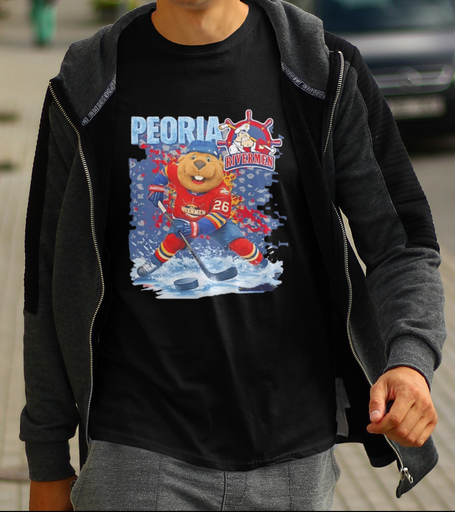 Rocky Peoria Rivermen Hockey Beaver Mascot Skating T-Shirt