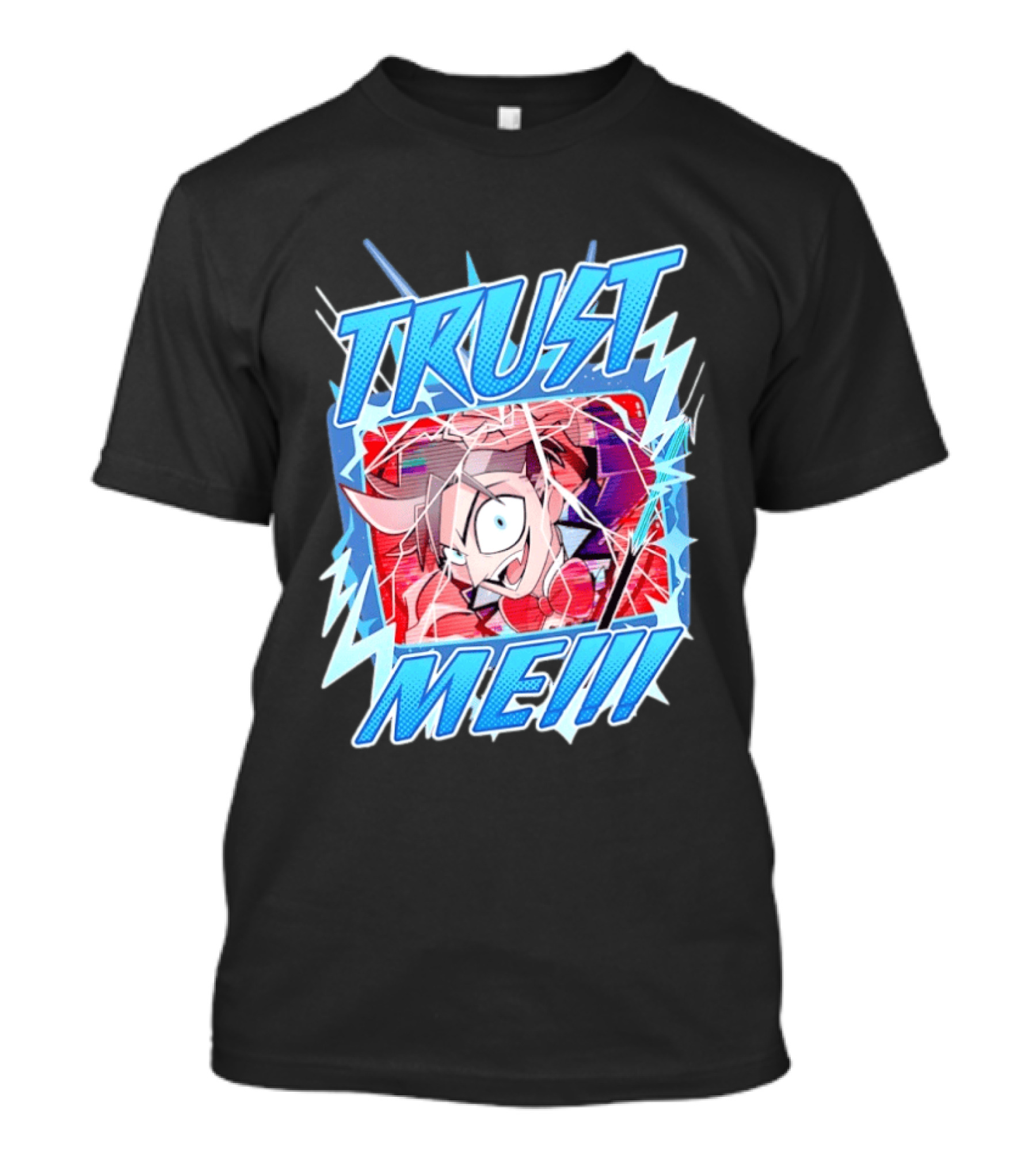 Hazbin Hotel Trust Me Cartoon Expression Blue Lightning T-Shirt