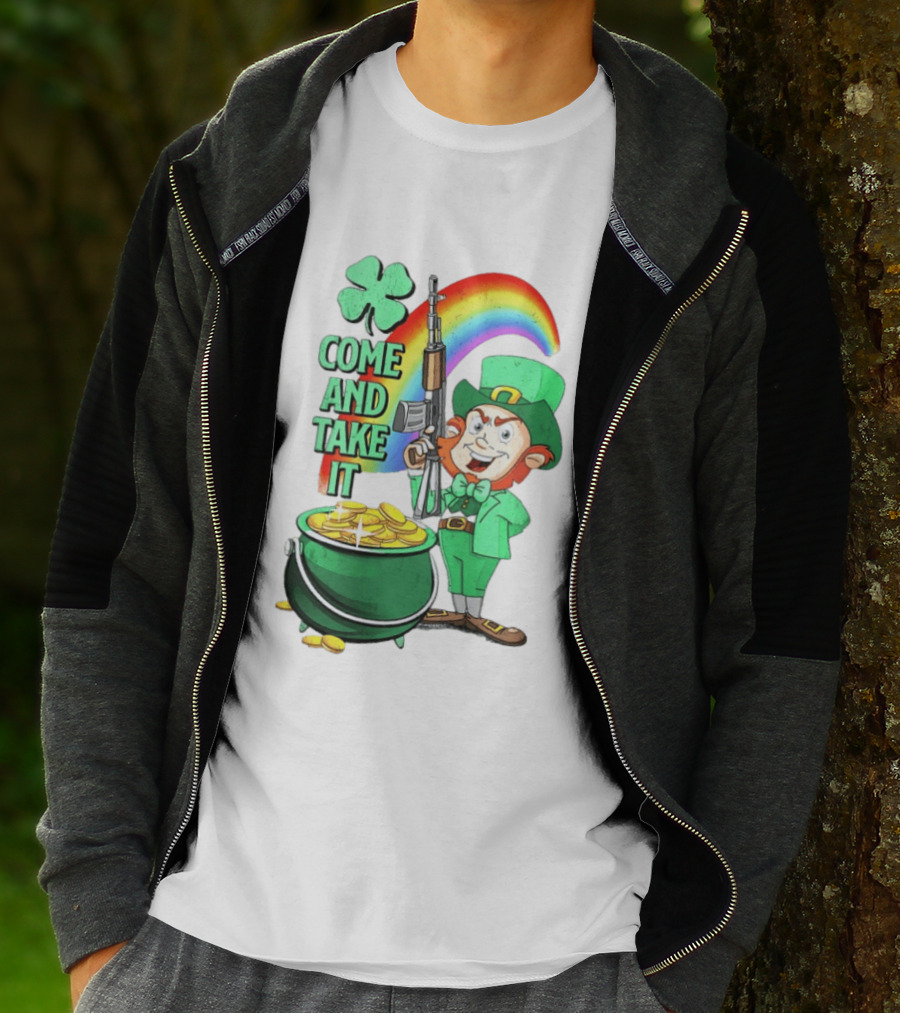 St Patrick Leprechaun Rifle Rainbow Pot Of Gold Come And Take It T-Shirt
