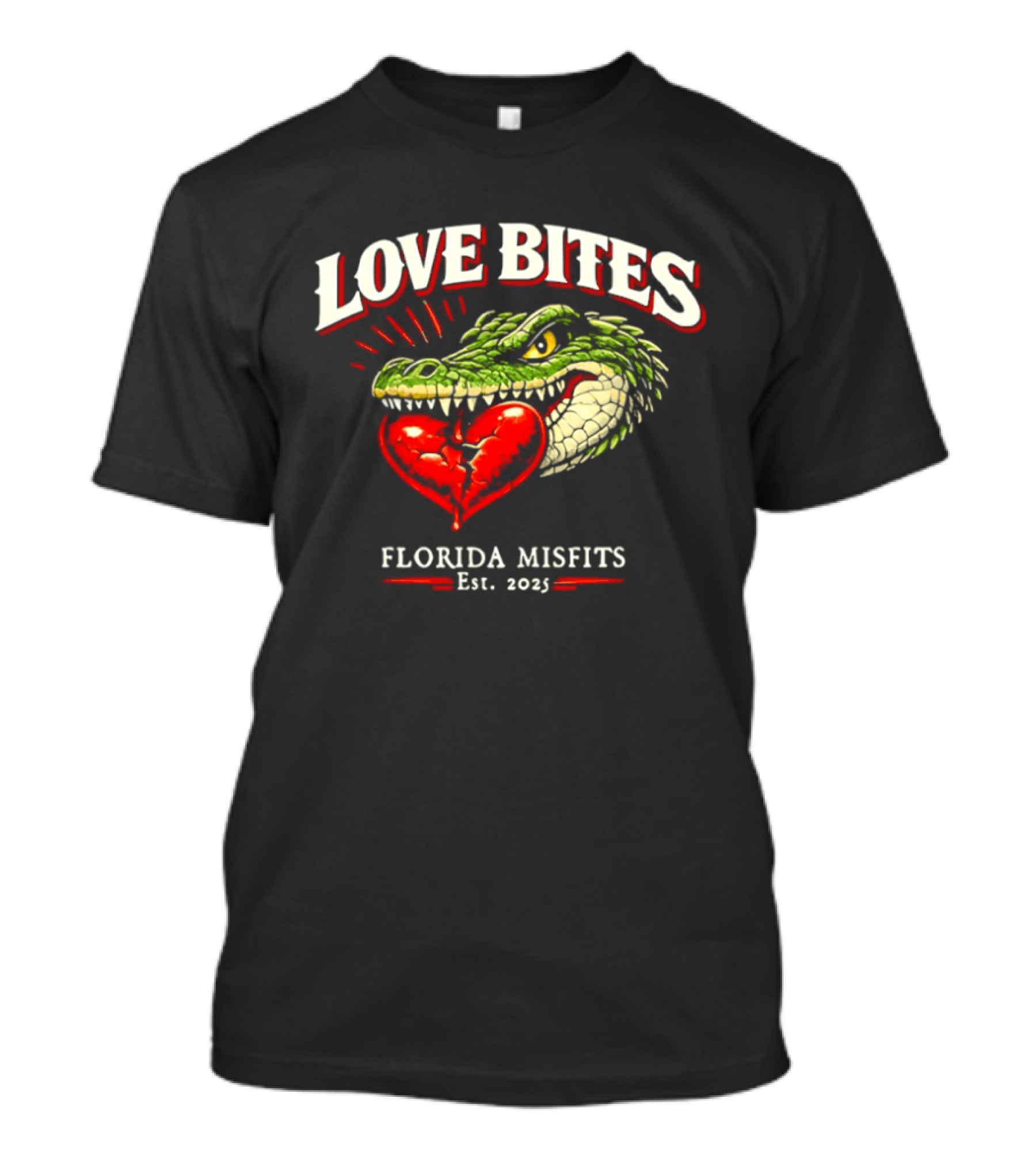 Love Bites Crocodile Broken Heart Florida Misfits Est 2025 T-Shirt