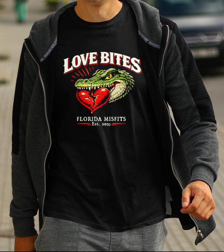 Love Bites Crocodile Broken Heart Florida Misfits Est 2025 T-Shirt