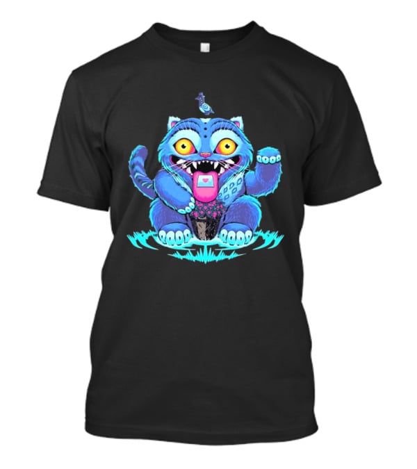Lucky Derpy Cheshire Cat Maneki Neko Fusion Vibrant Blue T-Shirt