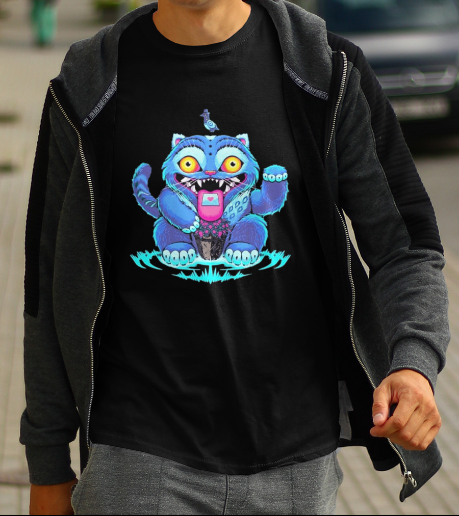 Lucky Derpy Cheshire Cat Maneki Neko Fusion Vibrant Blue T-Shirt
