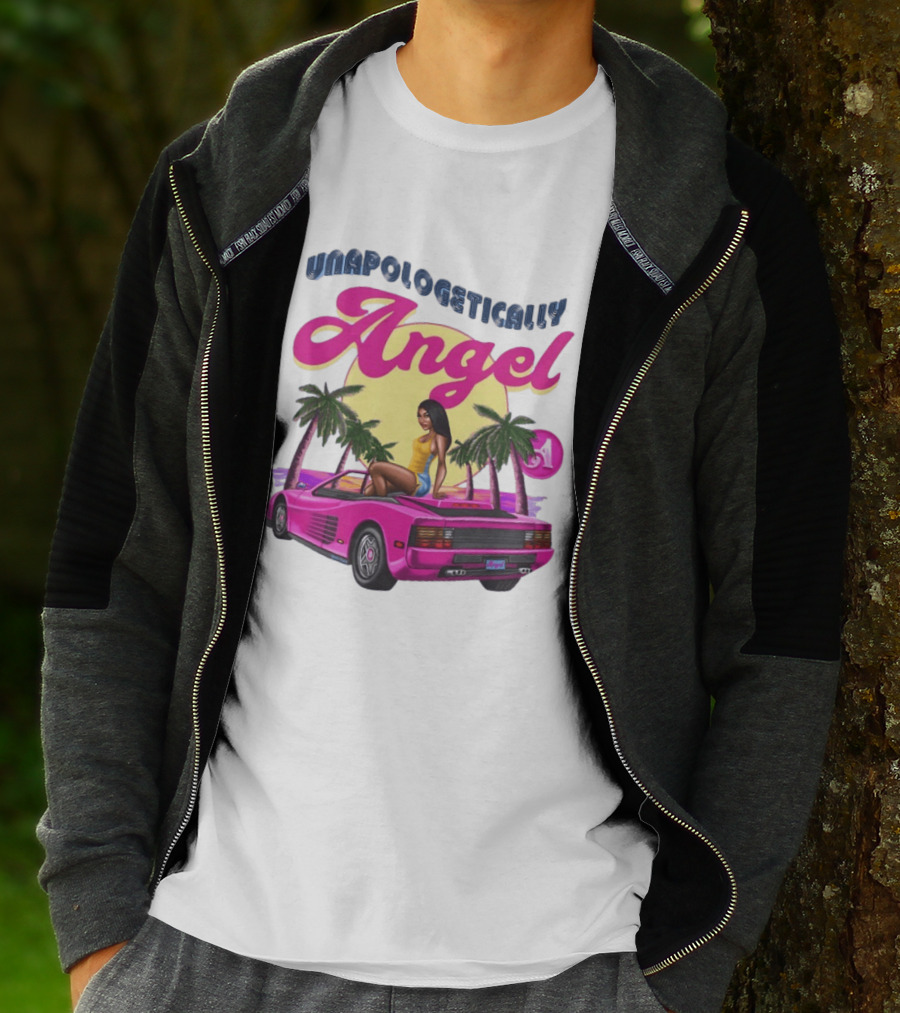 Unapologetically Angel Paradise Sunset With Pink Car And Palm Trees T-Shirt