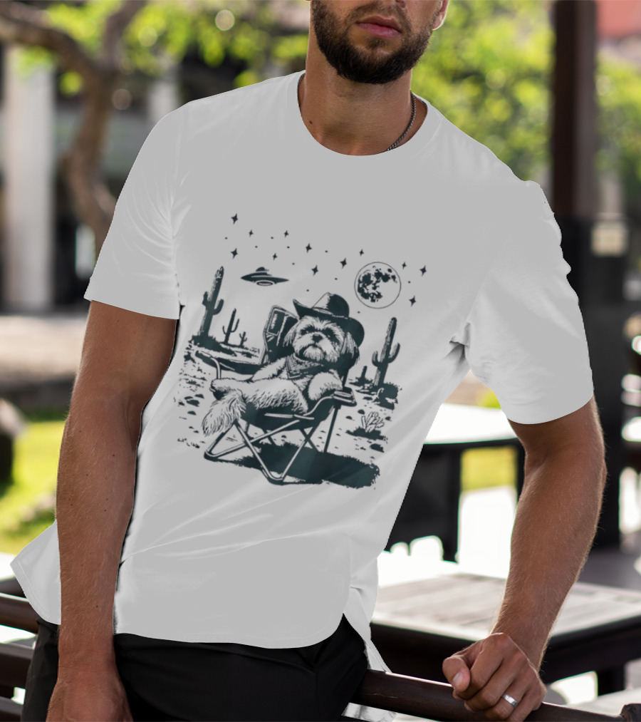 Shih Tzu Cowboys UFO Western Desert Scene Cactus Moon Stars T-Shirt
