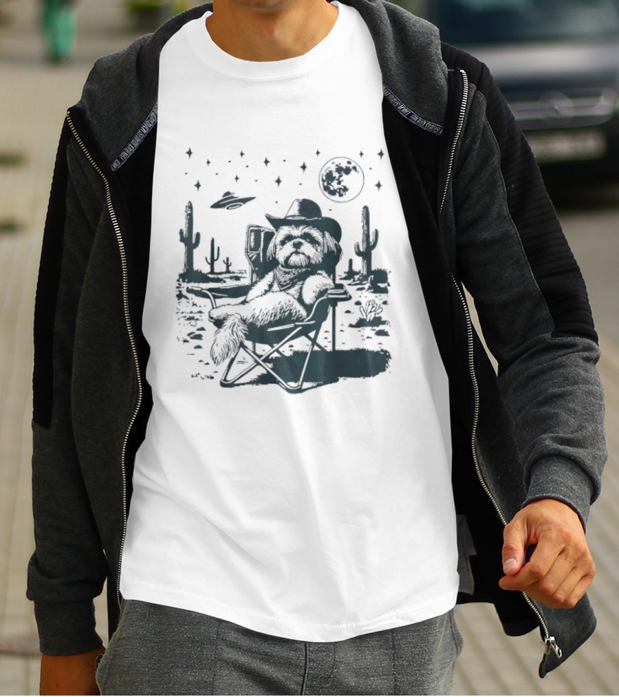 Shih Tzu Cowboys UFO Western Desert Scene Cactus Moon Stars T-Shirt