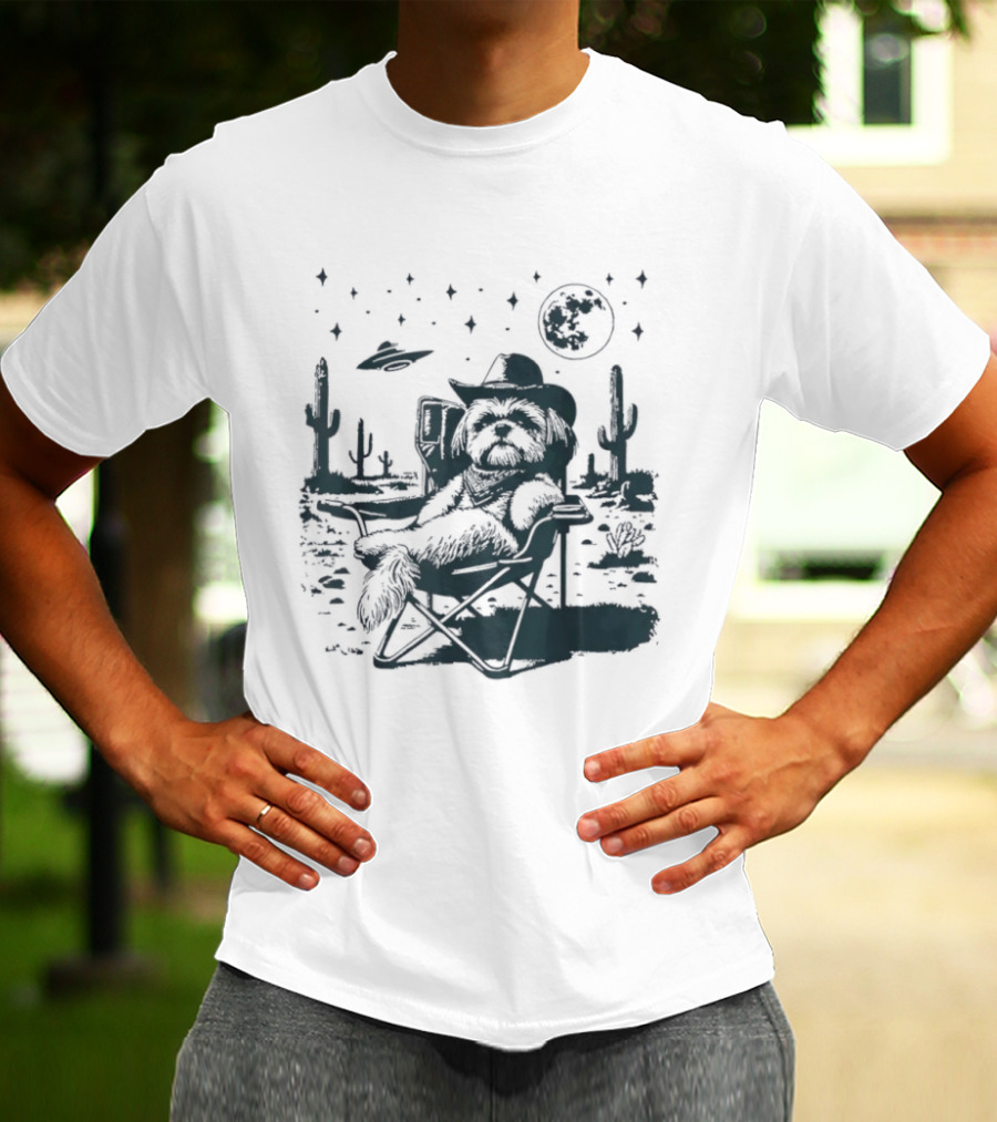 Shih Tzu Cowboys UFO Western Desert Scene Cactus Moon Stars T-Shirt