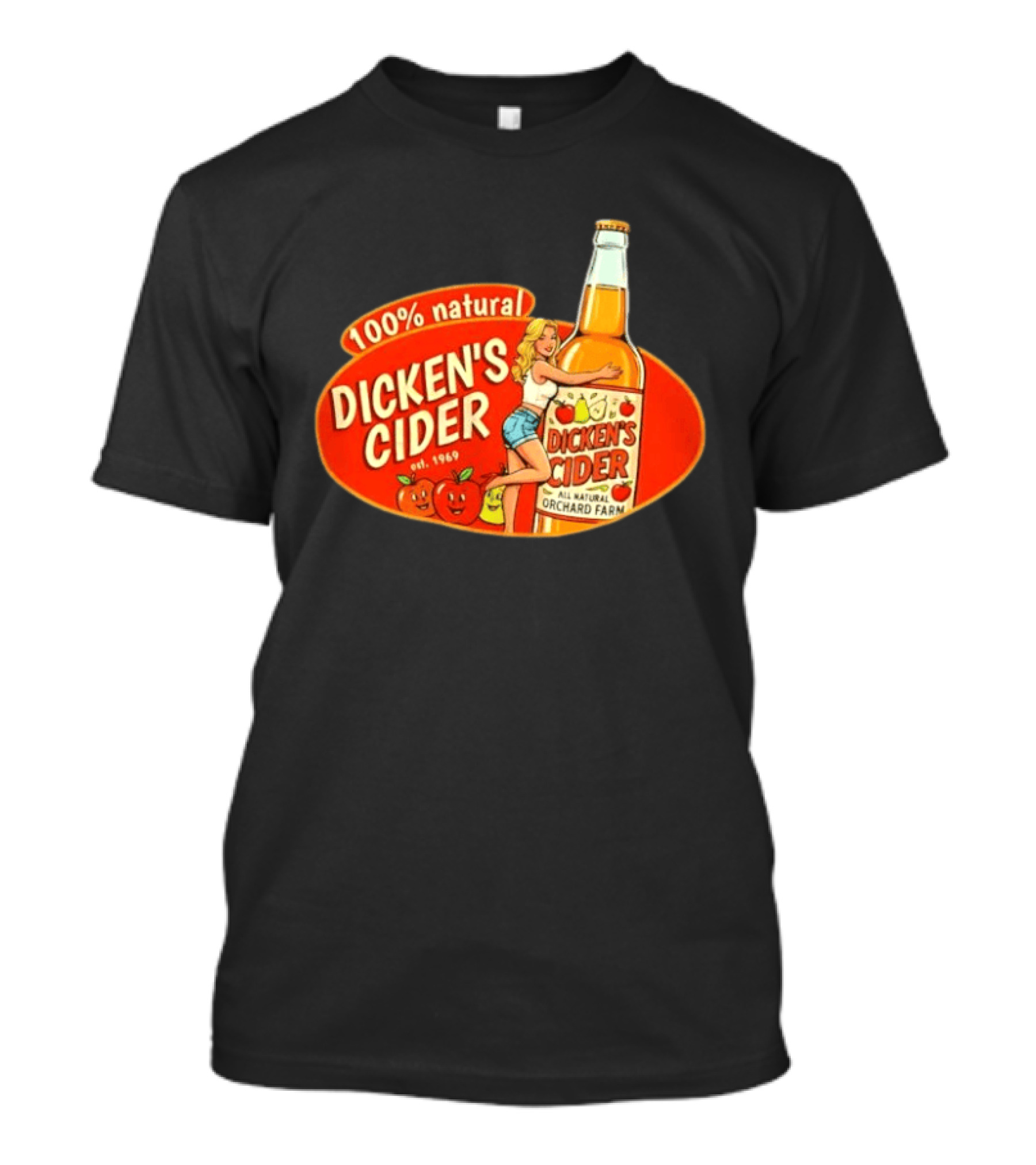 100 Natural Dicken's Cider Est 1969 Girl Hugging All Natural Orchard Farm Bottle T-Shirt