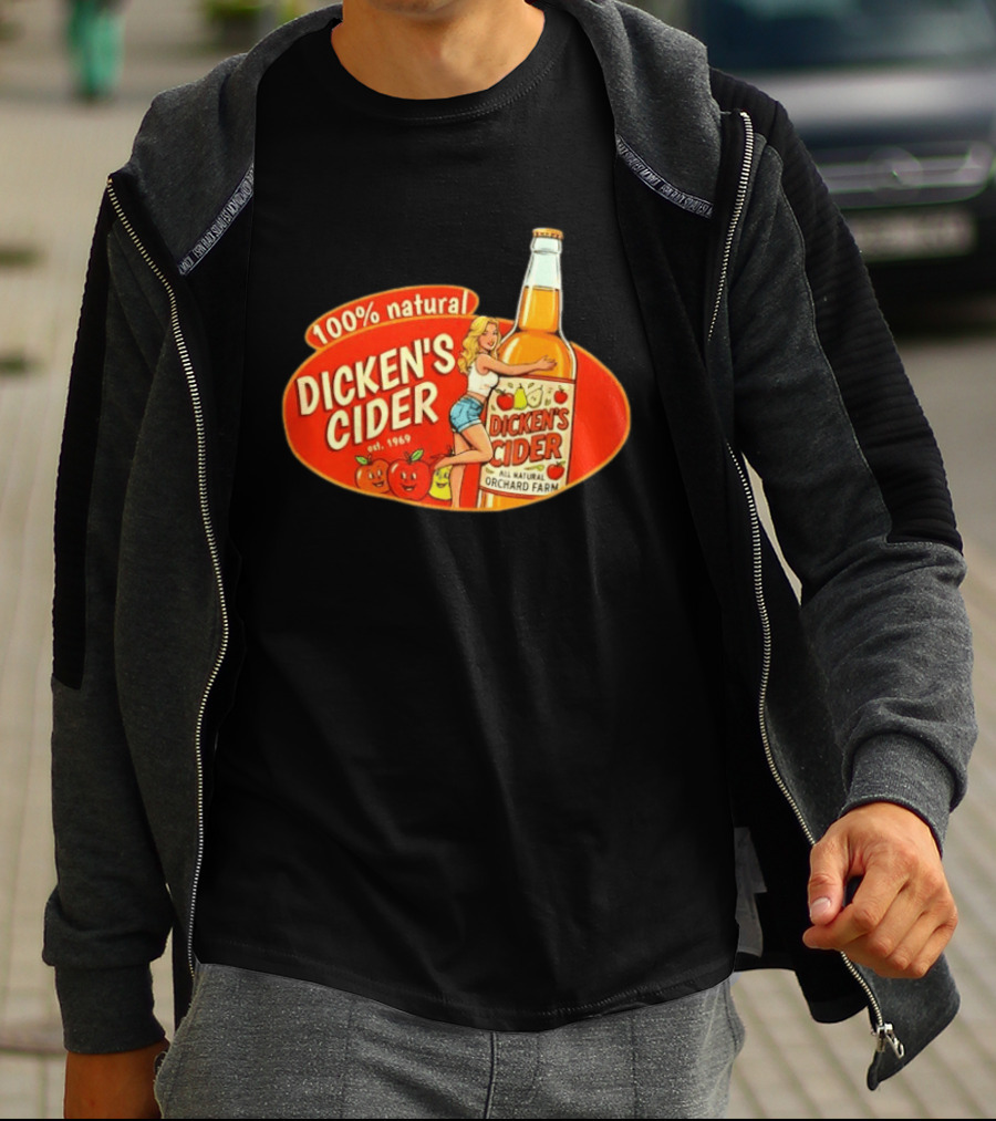 100 Natural Dicken's Cider Est 1969 Girl Hugging All Natural Orchard Farm Bottle T-Shirt