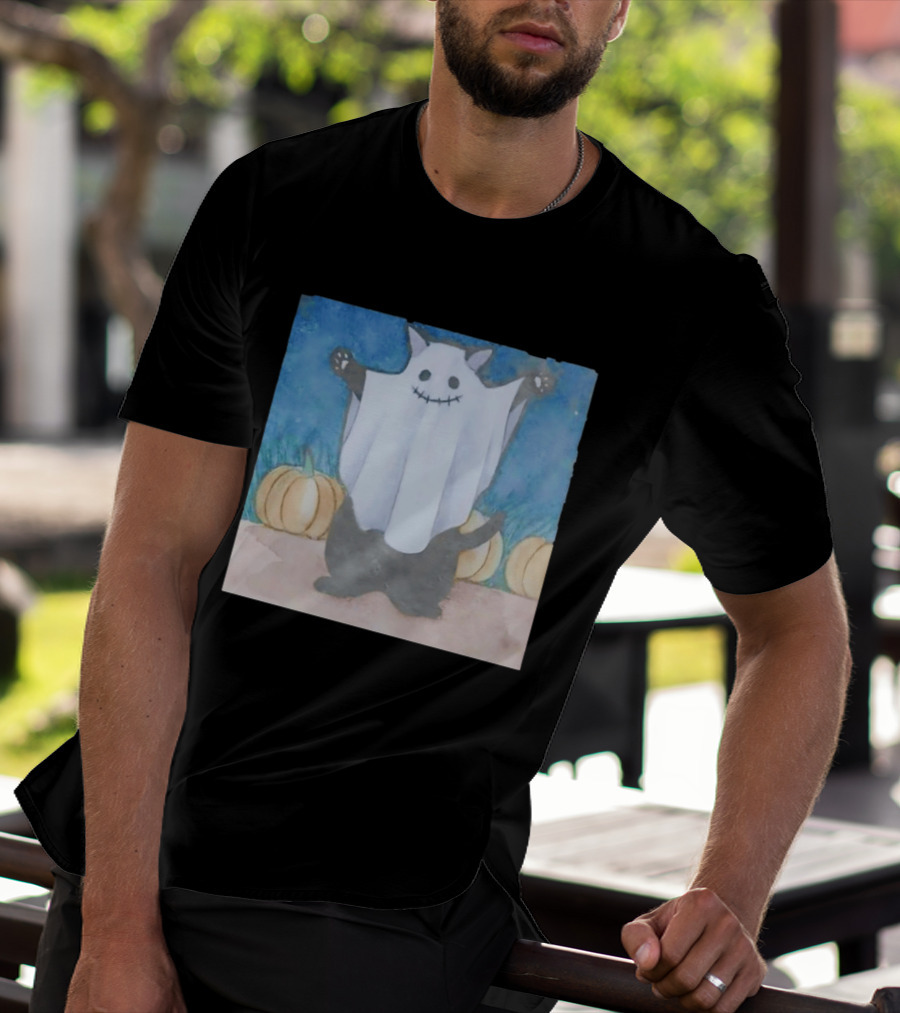 Spooky Black Cat In Ghost Costume With Pumpkins Halloween T-Shirt