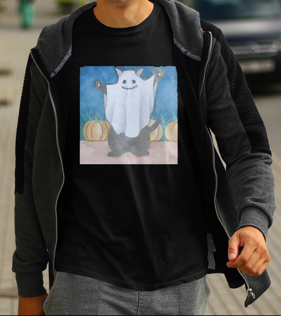 Spooky Black Cat In Ghost Costume With Pumpkins Halloween T-Shirt