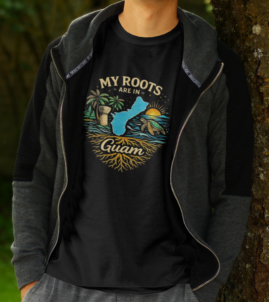 My Roots Are In Guam Chamorro Culture Heritage Turtle Latte Stone Palms Sunset Ocean Map T-Shirt